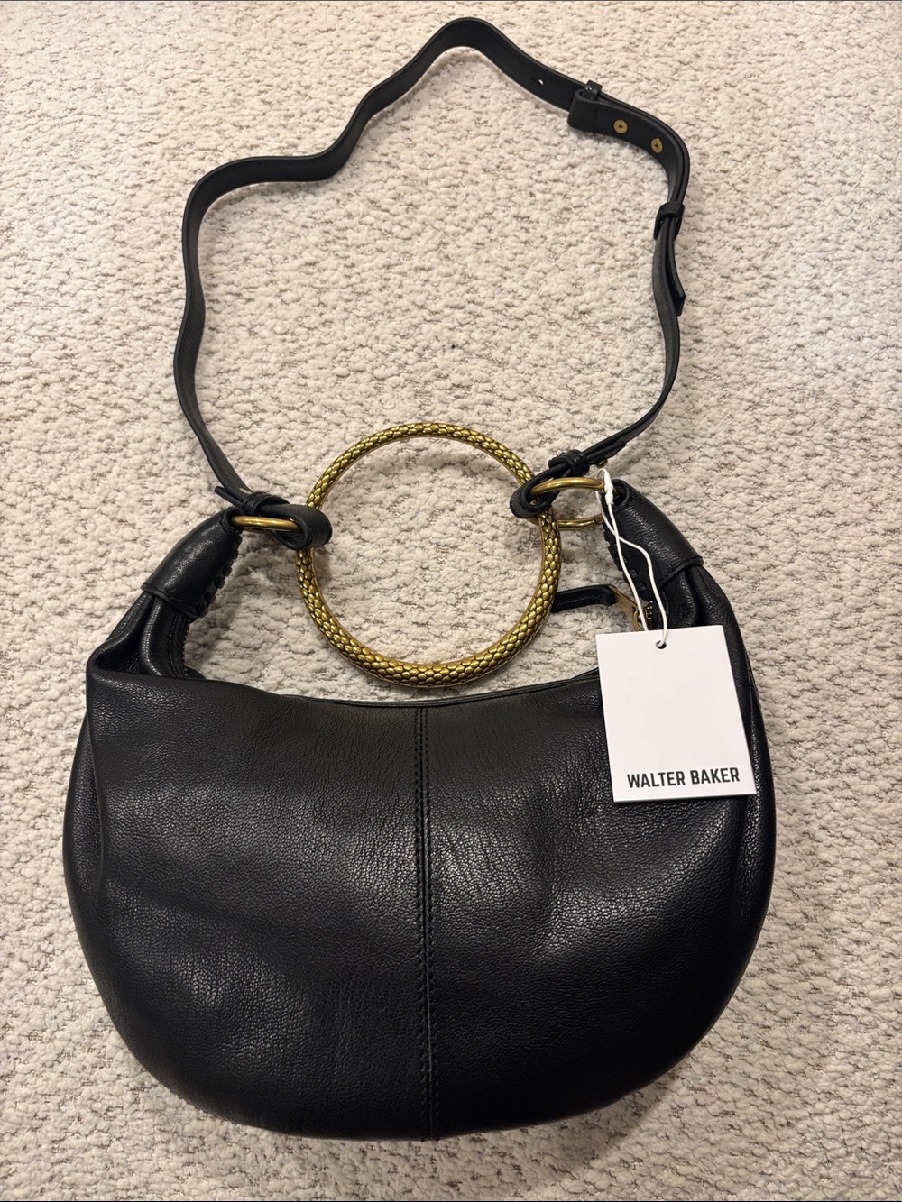 Walter Baker Black Leather Hobo with Gold Ring Handle or shoulder strap
